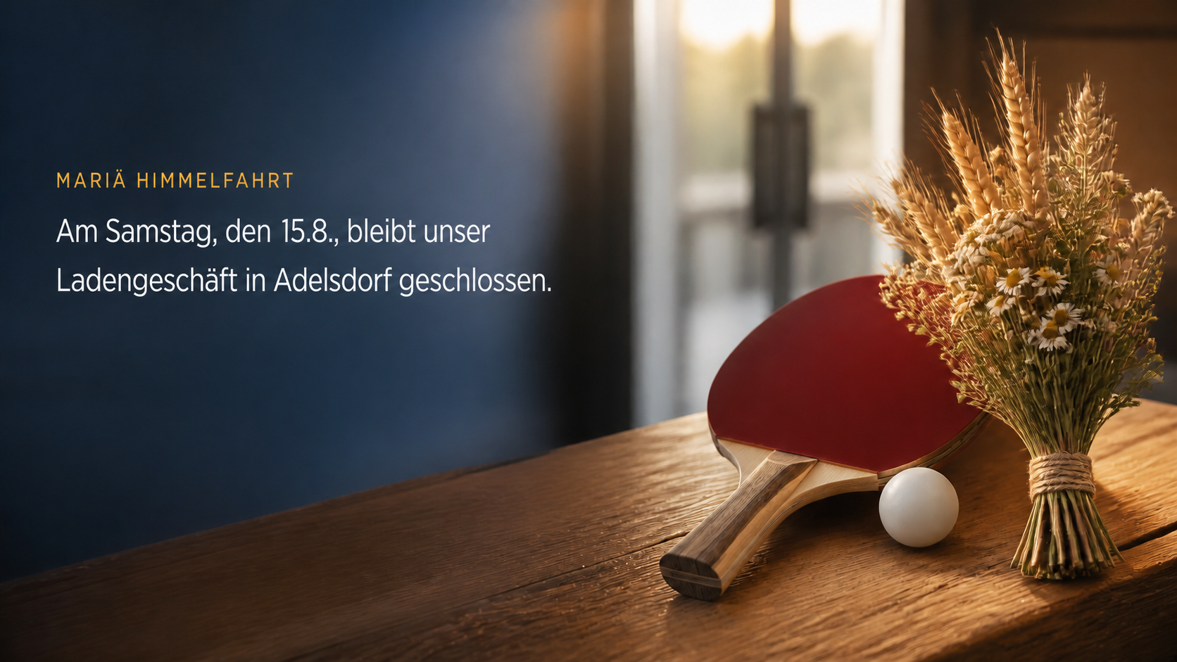 Tischtennisschläger, Ball und bayerischer Kräuterbuschen auf einer Holztheke
